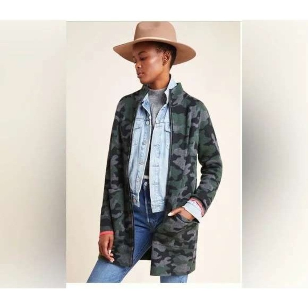 Anthropologie Jacket Womens Small‎ Field Flower Wool Shacket Camo Full Zip Moss